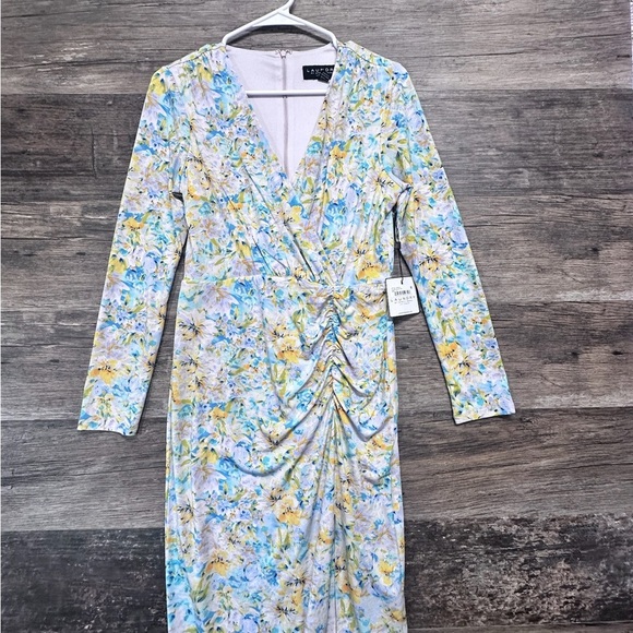 Laundry By Shelli Segal Blue Yellow Floral Long Sleeve Asymmetrical Ruched Dress - Picture 1 of 14